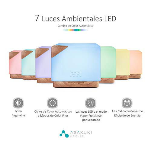 ASAKUKI 700ml Humidificador Ultrasónico Aromaterapia, Difusor de Aceites Esenciales, 7-Color LED, 4 Temporizador, Apagado Automático sin Agua, Humidificador Bebes, Hogar, Oficina, Bebé, Dormitorio