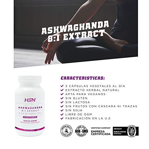 Ashwagandha de HSN | 400mg | Extracto Estandarizado 8:1 | Con 8,5% de Withanolides | Ginseng Indio | Reduce el Estrés | Vegano, Sin Gluten, Sin Lactosa, 120 Cápsulas Vegetales