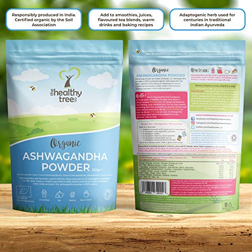 Ashwagandha en Polvo Orgánico Crudo de TheHealthyTree Company - Vegano, 100% Natural Ayurvédica Adaptógeno para Mente, Cuerpo y Espíritu - 250g de Raíz de Ashwagandha Puro