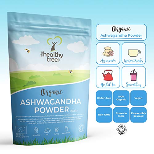 Ashwagandha en Polvo Orgánico Crudo de TheHealthyTree Company - Vegano, 100% Natural Ayurvédica Adaptógeno para Mente, Cuerpo y Espíritu - 250g de Raíz de Ashwagandha Puro