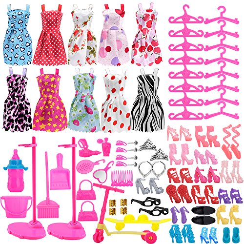 Asiv 110 Piezas Ropa de Moda, Zapatos y Accesorios para Las muñecas Doll, Incluyendo 10 los Vestidos, 14 Zapatos, 16 suspensión, 2 Soporte de la muñeca, 68 los Accesorios