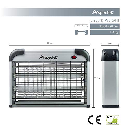 ASPECTEK Lámpara Matamoscas Electrico, Atrapa UV Lampara para Mata Mosquitos y Insectos,Control Multi-Insecto 20 W Efecto 60 m² Dispositivo de Suspensión Plateado