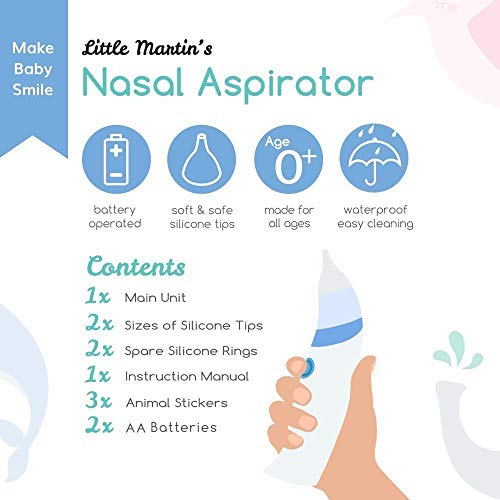 Aspirador nasal para bebés Little Martin's Drawer – Aspirador de mocos seguro, rápido e higiénico para recién nacidos y niños pequeños - Incluye un limpiador de nariz con batería y clíper para bebés con lupa de bonificación gratis (Azul)