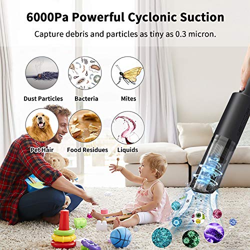 Aspiradora de Mano, 6000PA Aspirador de Mano Sin Cable Puede Purificar el Aire, 25 Minutos de Duración de la Batería Aspirador Coche, Filtro HEAP Reutilizable, Adecuado Para el Hogar, la Oficina, Auto