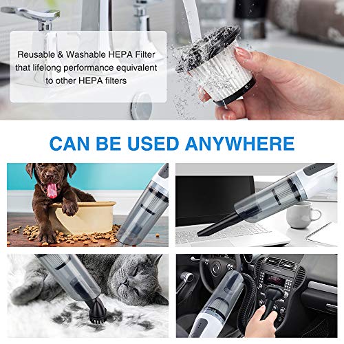 Aspiradora de mano inalámbrica, recargable, portátil, inalámbrica, con potente succión y filtro de acero lavable con agua, 120 W inalámbrico con batería de 2200 mAh para el hogar, el automóvil