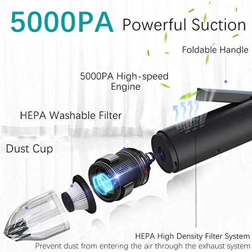 Aspiradora de Mano sin Cable 2500mAh 450g Mini Aspirador de Mano Potente HEPA con Filtro Lavable, Batería Recargable, Asa Plegable Aspiradora de Coche sin bolsa Inalámbrico para el Hogar y el Coche