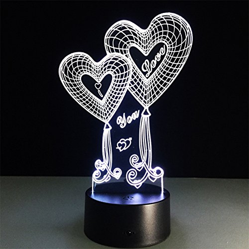 ATD® Doble globo Corazón TE AMO ilusión óptica 3D botón táctil 7 que cambia de color LED luz de la noche lámpara de escritorio, regalo romántico para el amante, esposa, novio o novia