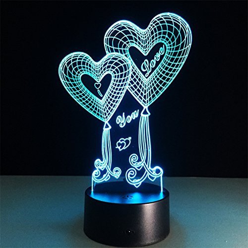 ATD® Doble globo Corazón TE AMO ilusión óptica 3D botón táctil 7 que cambia de color LED luz de la noche lámpara de escritorio, regalo romántico para el amante, esposa, novio o novia