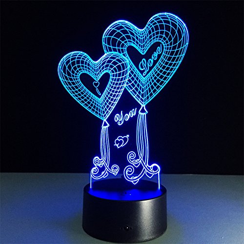 ATD® Doble globo Corazón TE AMO ilusión óptica 3D botón táctil 7 que cambia de color LED luz de la noche lámpara de escritorio, regalo romántico para el amante, esposa, novio o novia