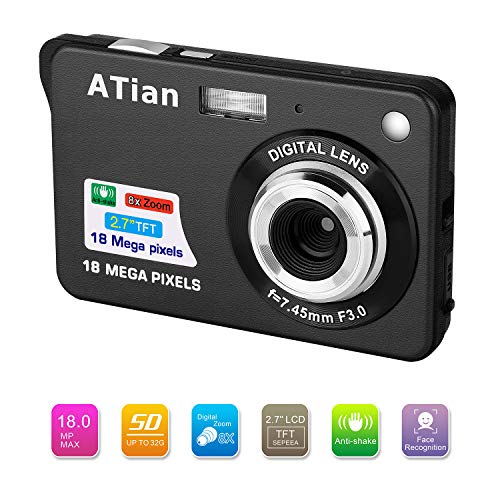 ATian Compactas Cámaras Digitales 2.7 Pulgadas LCD 8X Zoom Digital Anti-vibración Recargable HD Cámara Digital para Estudiantes/Adultos Mayores/niños (Negro)