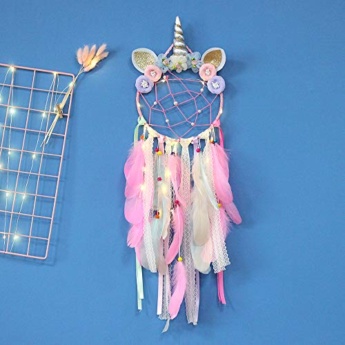 Atrapasueños de unicornio decoración de la pared atrapasueños de plumas de colores hecho a mano colgante de pared niñas niños decoración del dormitorio
