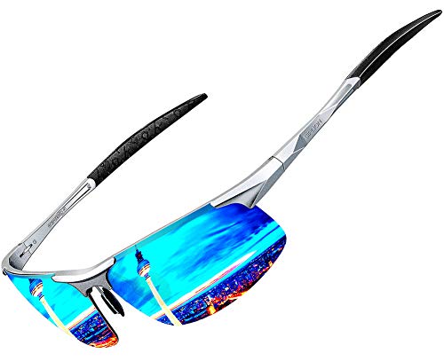 ATTCL Hombre Gafas De Sol Deportes Polarizado Súper Ligero Al-Mg Marco De Metal (8177 Azul plateado)