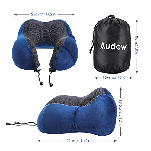 Audew Almohada Cervical de Espuma Viscoelastica, Cojin Viaje para Cuello y Cabeza 360° Soporte, Almohada Avion con Antifaz y Tapones para Dormir y Bolsa Transporte, Azul