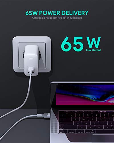 AUKEY Omnia USB C Cargador 65W de Red con GaNFast Tech & Detección Dinámica, PD Cargador Móvil con Power Delivery 3.0 para 13''MacBook Pro, iPad Pro, iPhone SE, Google Pixel 4, Nintendo Switch, LG, HP