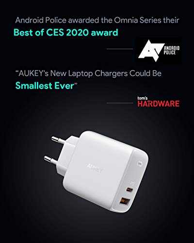AUKEY Omnia USB C Cargador 65W de Red con GaNFast Tech & Detección Dinámica, PD Cargador Móvil con Power Delivery 3.0 para 13''MacBook Pro, iPad Pro, iPhone SE, Google Pixel 4, Nintendo Switch, LG, HP
