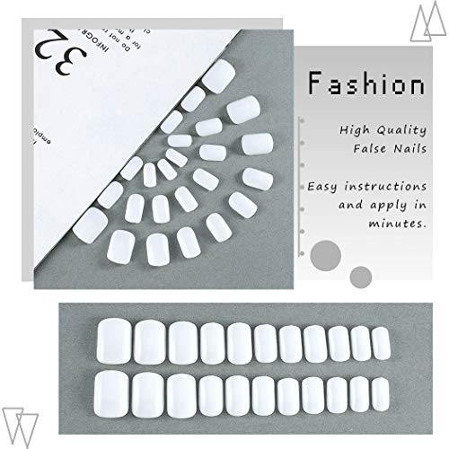 Aukmla Prensa cuadrada brillante en las uñas Consejos Uñas postizas blancas Uñas postizas cortas Color puro Cubierta completa Uñas postizas reutilizables para mujeres y niñas