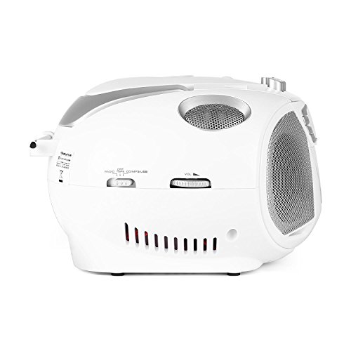 auna KrissKross - CD-Radio, Minicadena, Radio, Reproductor CD/MP3, Cassette, Puerto USB Apto MP3, Sintonizador FM, Entrada para Auxiliar minijack de 3,5 mm, Pantalla LCD, Portátil, Blanco