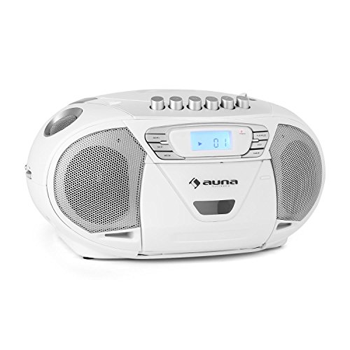 auna KrissKross - CD-Radio, Minicadena, Radio, Reproductor CD/MP3, Cassette, Puerto USB Apto MP3, Sintonizador FM, Entrada para Auxiliar minijack de 3,5 mm, Pantalla LCD, Portátil, Blanco