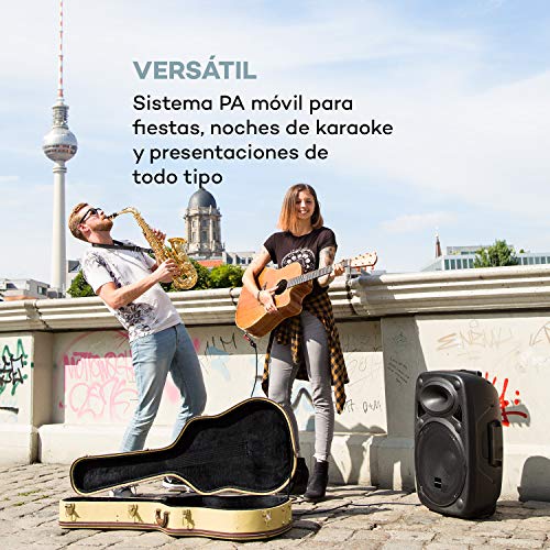auna Streetstar 2.0 - Equipo PA portátil, Altavoz DJ, Bluetooth, Puerto USB, SD, MP3, AUX, Batería 3 Ah, LED, 2 micrófonos UHF, Mando a Distancia, Subwoofer 12" (30,5 cm), Potencia 800 W, Negro
