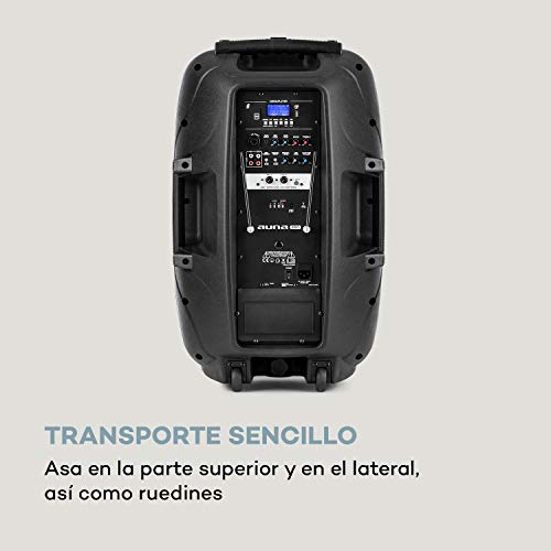 auna Streetstar 2.0 - Equipo PA portátil, Altavoz DJ, Bluetooth, Puerto USB, SD, MP3, AUX, Batería 3 Ah, LED, 2 micrófonos UHF, Mando a Distancia, Subwoofer 12" (30,5 cm), Potencia 800 W, Negro