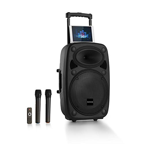 auna Streetstar 2.0 - Equipo PA portátil, Altavoz DJ, Bluetooth, Puerto USB, SD, MP3, AUX, Batería 3 Ah, LED, 2 micrófonos UHF, Mando a Distancia, Subwoofer 12" (30,5 cm), Potencia 800 W, Negro