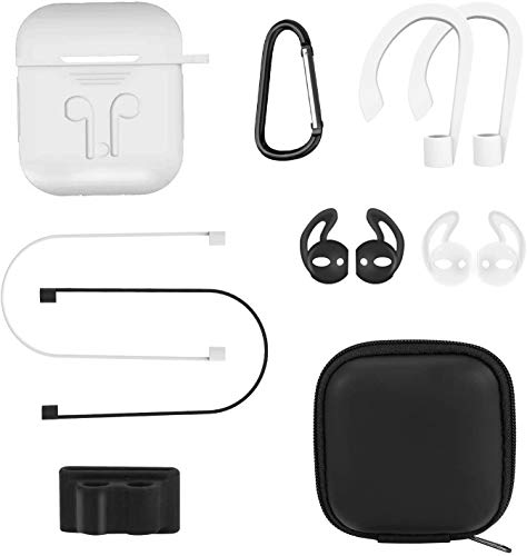 AUNEK - Funda de Silicona para AirPods, 9 en 1, con Enganche, Llavero, Correa, Ganchos para los oídos, Bolsa de Almacenamiento Suave para AirPods