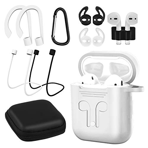 AUNEK - Funda de Silicona para AirPods, 9 en 1, con Enganche, Llavero, Correa, Ganchos para los oídos, Bolsa de Almacenamiento Suave para AirPods