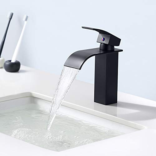 Auralum - Grifo Lavabo Cascada Negro Práctico Moderno Grifos Cascada de Baño Cuadrado Mezclador Grifo de Lavabo Latón Monomando