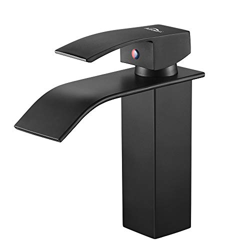 Auralum - Grifo Lavabo Cascada Negro Práctico Moderno Grifos Cascada de Baño Cuadrado Mezclador Grifo de Lavabo Latón Monomando