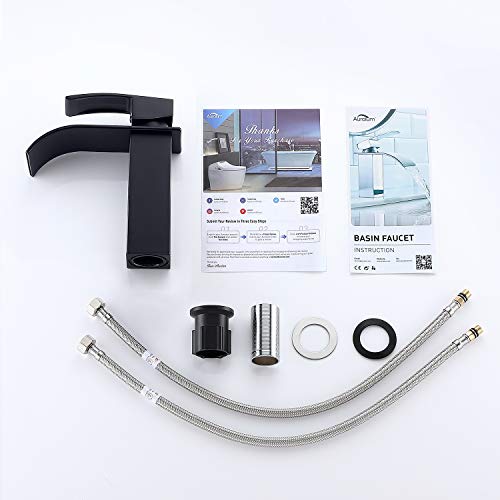 Auralum - Grifo Lavabo Cascada Negro Práctico Moderno Grifos Cascada de Baño Cuadrado Mezclador Grifo de Lavabo Latón Monomando