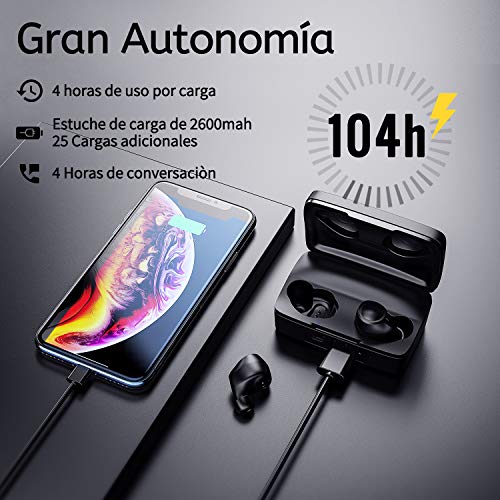 Auriculares Bluetooth, ENACFIRE Future Plus Auriculares inalámbricos Mini Twins Estéreo In-Ear Sport Bluetooth 5.0 con Caja de Carga de 2600mAh Portátil Y Micrófono Integrado 104h reproducción, IPX7