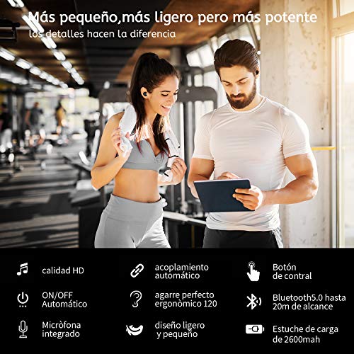 Auriculares Bluetooth, ENACFIRE Future Plus Auriculares inalámbricos Mini Twins Estéreo In-Ear Sport Bluetooth 5.0 con Caja de Carga de 2600mAh Portátil Y Micrófono Integrado 104h reproducción, IPX7