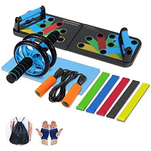 Aurorast Kit de Culturismo 4 Piezas-Gomas Elasticas Fitness| Push Up Bar 13-in-1| Comba Crossfit Hombre| Rueda Abdominales con Rodillera, Ejercicio en casa Equipo para Dar Forma a tu Cuerpo