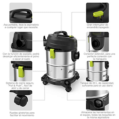 AUTLEAD Aspirador Seco Húmedo, 1000W 20 L Aspirador de usos múltiples de Acero Inoxidable, Aspirador doméstico con función de soplado, Silenciador -WD02A