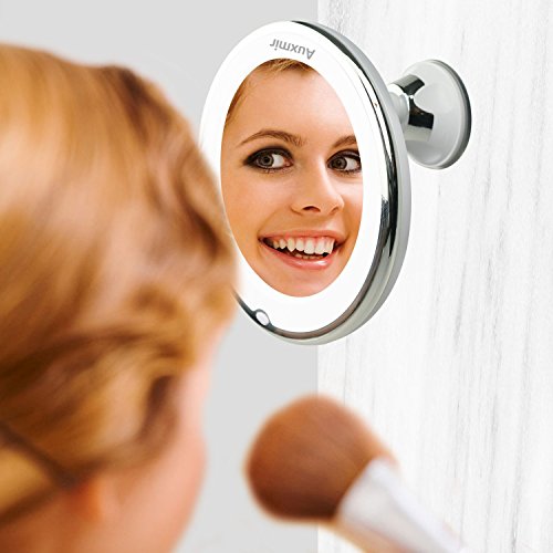 Auxmir Espejo Maquillaje con Luz LED 7X de Aumento Espejo Cosmético Luminoso con Ventosa Fuerte, Espejo de Mesa y para Pared, 360° de Rotación, Blanco