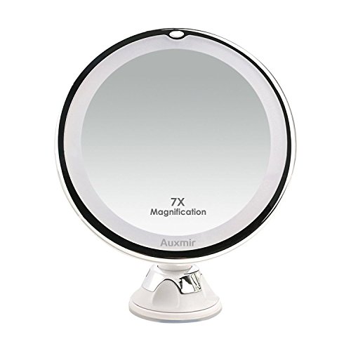 Auxmir Espejo Maquillaje con Luz LED 7X de Aumento Espejo Cosmético Luminoso con Ventosa Fuerte, Espejo de Mesa y para Pared, 360° de Rotación, Blanco