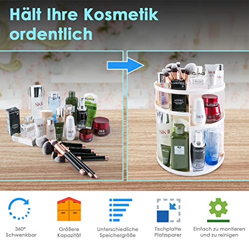 Auxmir Organizador de Maquillaje de Rotación 360°, Organizador Cosmético de Belleza Ajustable, Caja Cosmética de Maquillaje Para Tocador, Baño, Dormitorio, Blanco