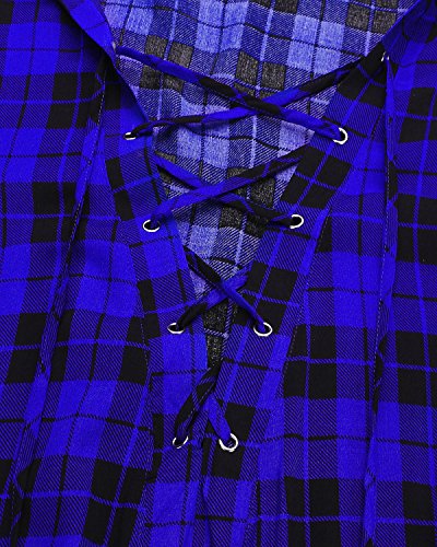 Auxo Camisa de Mujer Camiseta de Cuadros de Manga Larga Escote con Cordones Mini Vestido Sexy Blusa de Gran tamaño Top Cuello de Pico Azul XXL