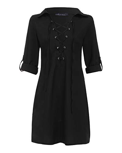 Auxo Camisa de Mujer Larga Elegante Camisas a Cuadros de Manga Larga Escote V con Cordones Mini Vestido Sexy Blusa Tallas Grandes Tunica Shirt 02-Negro S