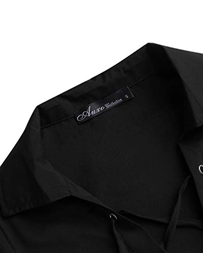 Auxo Camisa de Mujer Larga Elegante Camisas a Cuadros de Manga Larga Escote V con Cordones Mini Vestido Sexy Blusa Tallas Grandes Tunica Shirt 02-Negro S