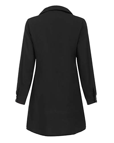 Auxo Camisa de Mujer Larga Elegante Camisas a Cuadros de Manga Larga Escote V con Cordones Mini Vestido Sexy Blusa Tallas Grandes Tunica Shirt 02-Negro S