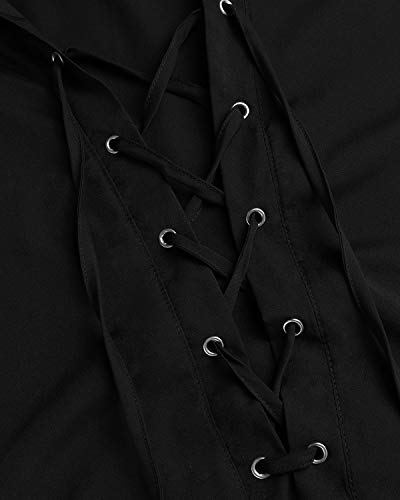 Auxo Camisa de Mujer Larga Elegante Camisas a Cuadros de Manga Larga Escote V con Cordones Mini Vestido Sexy Blusa Tallas Grandes Tunica Shirt 02-Negro S