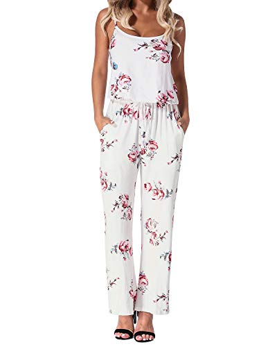 Auxo Mono Largo Mujer Verano Sin Mangas Estampado Floral Pantalones Largos Jumpsuits Playsuit Monos de Playa Blanco S