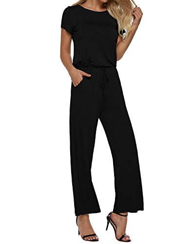 Auxo Monos Mujer Verano Largos Casual Cuello Redondo Mangas Cortas Fiesta Jumpsuit con Cinturón Elástico Rompers Negro L