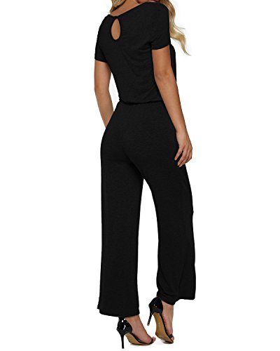 Auxo Monos Mujer Verano Largos Casual Cuello Redondo Mangas Cortas Fiesta Jumpsuit con Cinturón Elástico Rompers Negro L