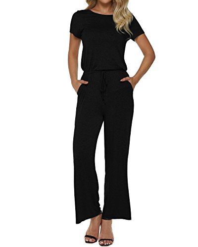 Auxo Monos Mujer Verano Largos Casual Cuello Redondo Mangas Cortas Fiesta Jumpsuit con Cinturón Elástico Rompers Negro L