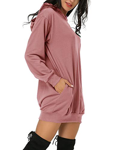 Auxo Sudadera con Capucha Mujer Pullover Hoodie Color Sólido Jersey Larga Bolsillos Casual Sudadera Vestido Tops Largos 01-Rosa Claro L