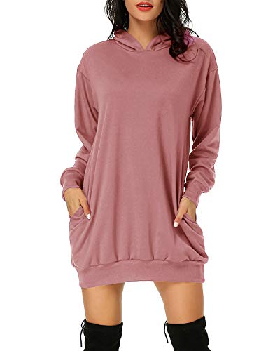 Auxo Sudadera con Capucha Mujer Pullover Hoodie Color Sólido Jersey Larga Bolsillos Casual Sudadera Vestido Tops Largos 01-Rosa Claro L