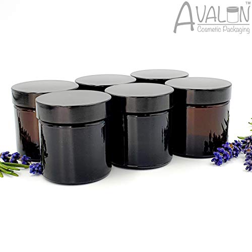 Avalon - Paquete de 6 tarros vacíos de vidrio ámbar recargables con urea negra hermética para mezclas de aromaterapia, cremas, velas, tarro de muestra (60 ml)