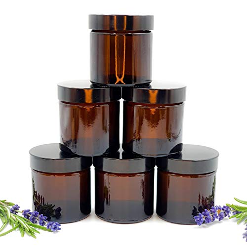 Avalon - Paquete de 6 tarros vacíos de vidrio ámbar recargables con urea negra hermética para mezclas de aromaterapia, cremas, velas, tarro de muestra (60 ml)